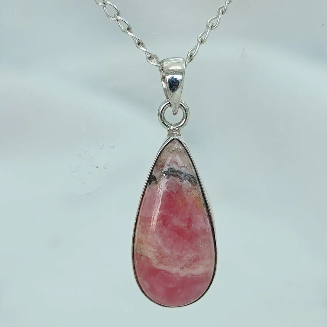 Rhodochrosite Crystal Pendant: 925 Sterling Silver, Boho Jewelry