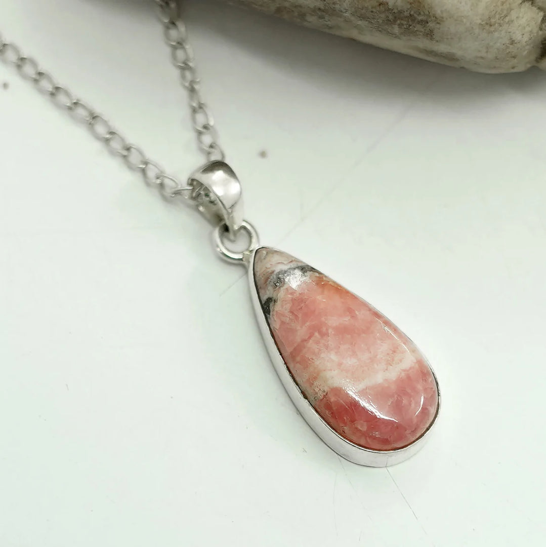 Rhodochrosite Crystal Pendant: 925 Sterling Silver, Boho Jewelry