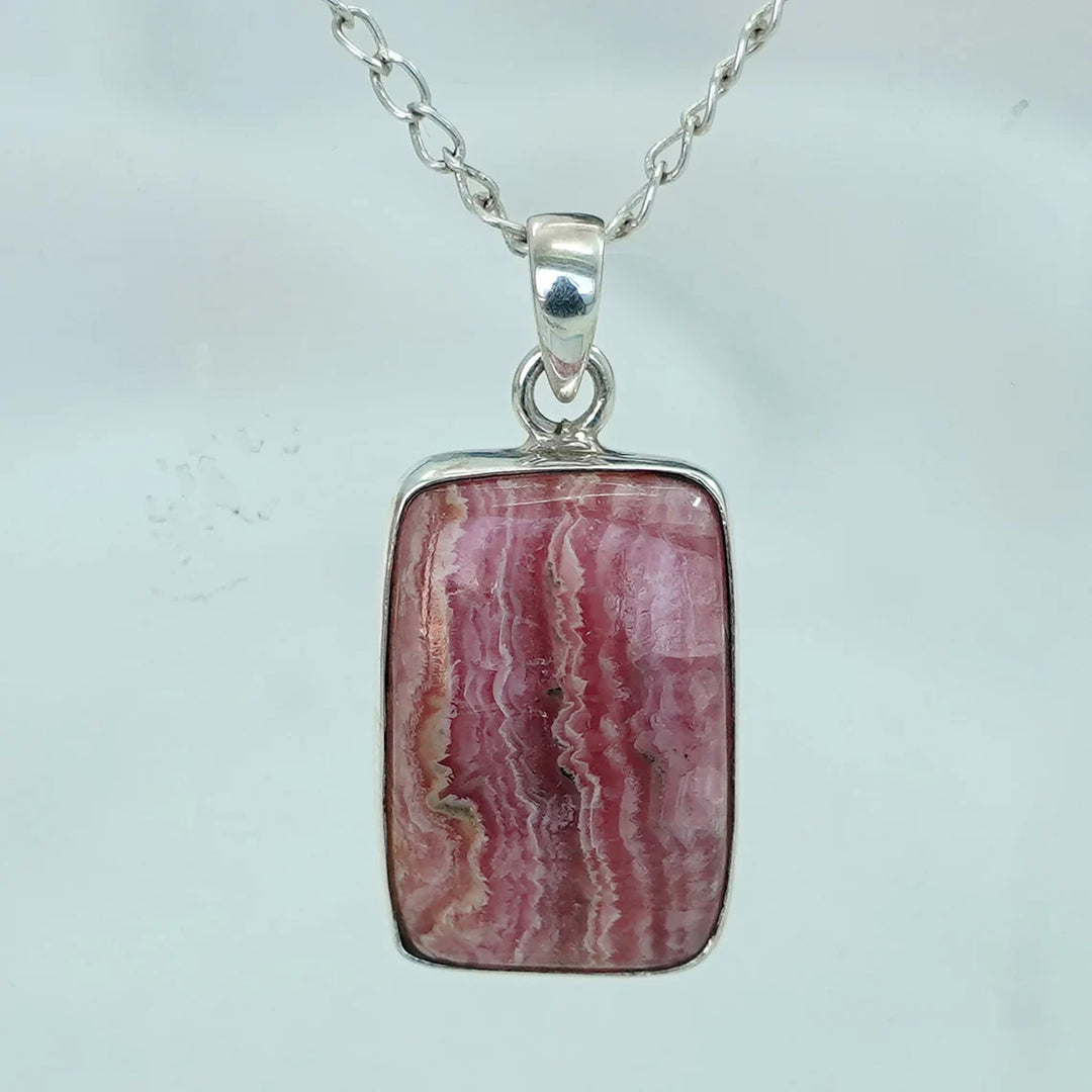 Rhodochrosite Crystal Pendant: 925 Sterling Silver, Boho Jewelry