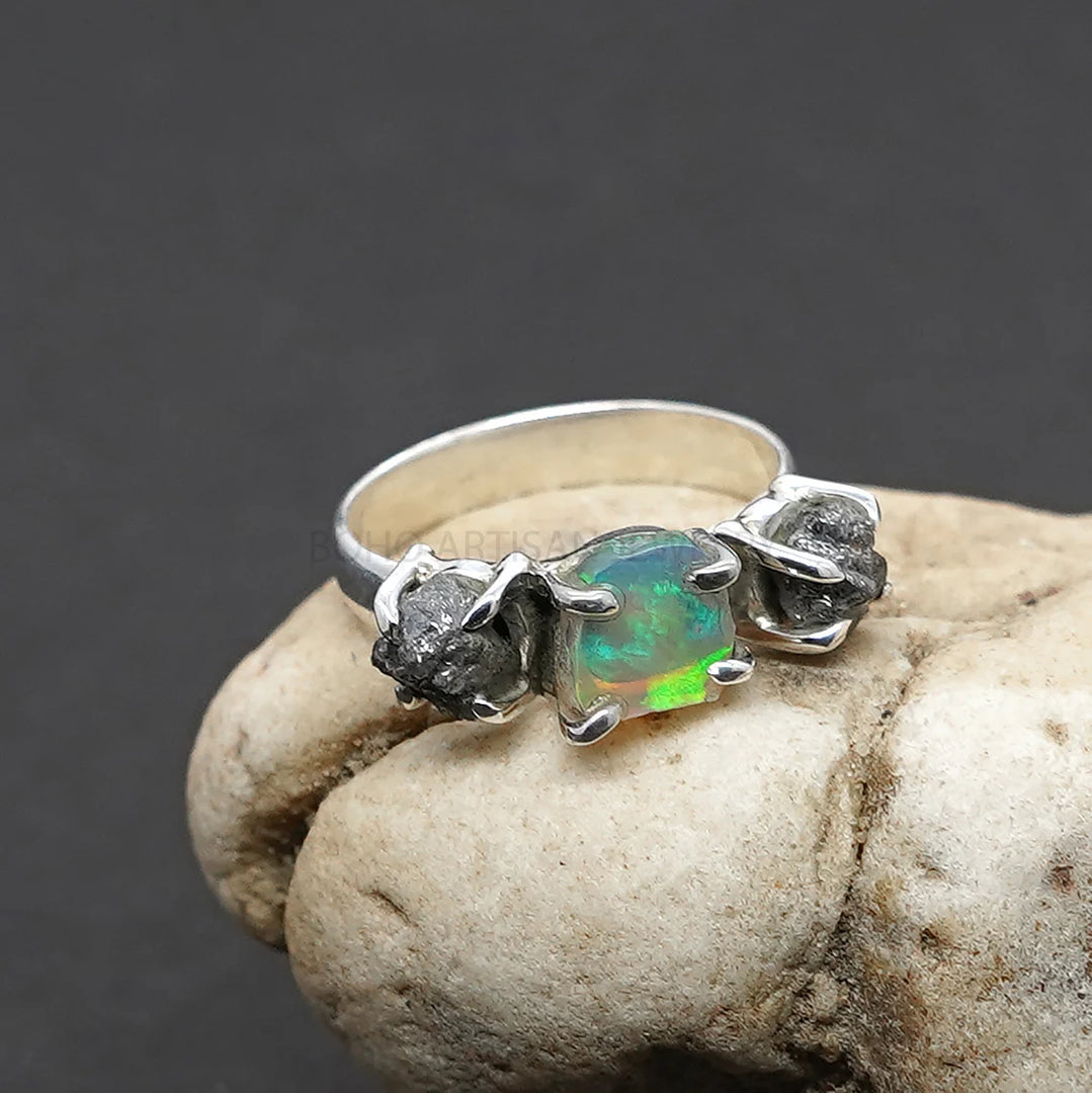 Raw Opal Diamond Ring, Fire Opal Ring, Raw Diamond Ring, October Birthday Gift, Raw Stone Ring, Opal Jewelry - Christmas Gift For Her