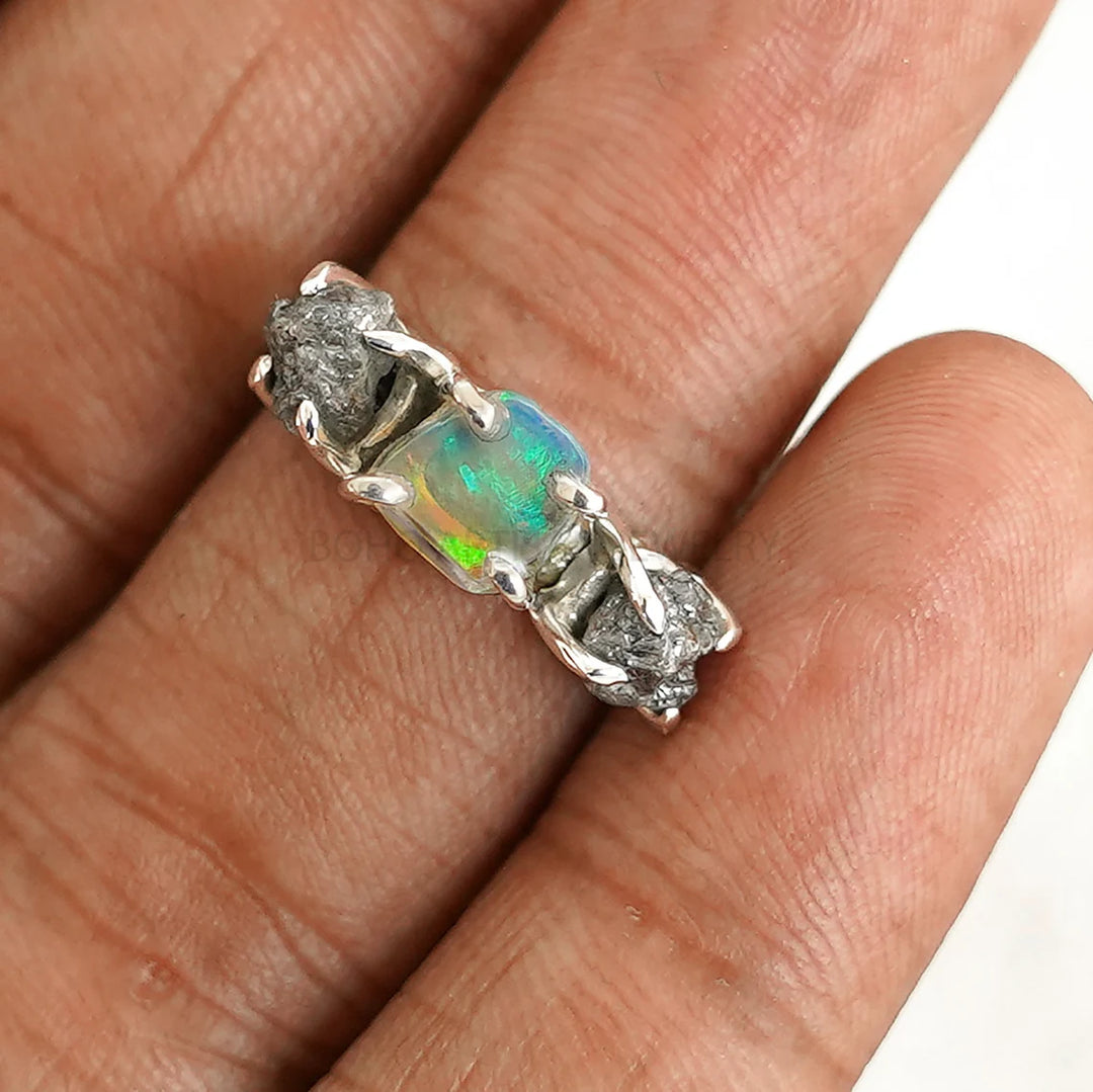 Raw Opal Diamond Ring, Fire Opal Ring, Raw Diamond Ring, October Birthday Gift, Raw Stone Ring, Opal Jewelry - Christmas Gift For Her