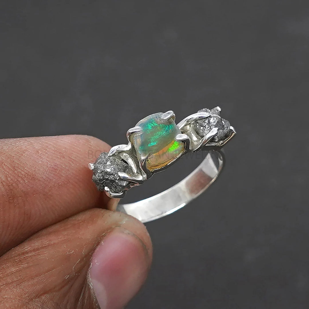 Raw Opal Diamond Ring, Fire Opal Ring, Raw Diamond Ring, October Birthday Gift, Raw Stone Ring, Opal Jewelry - Christmas Gift For Her