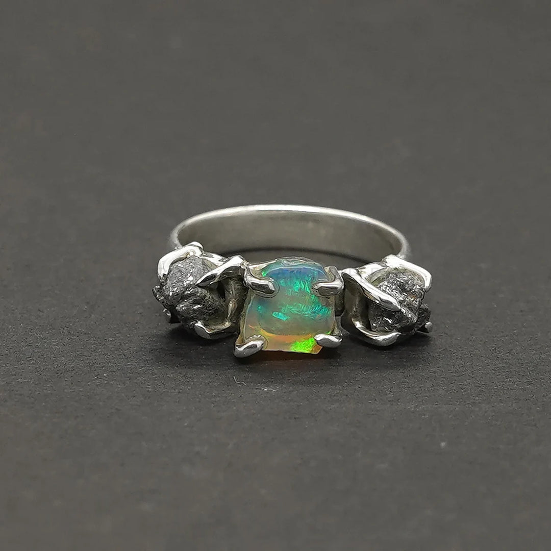 Raw Opal Diamond Ring, Fire Opal Ring, Raw Diamond Ring, October Birthday Gift, Raw Stone Ring, Opal Jewelry - Christmas Gift For Her