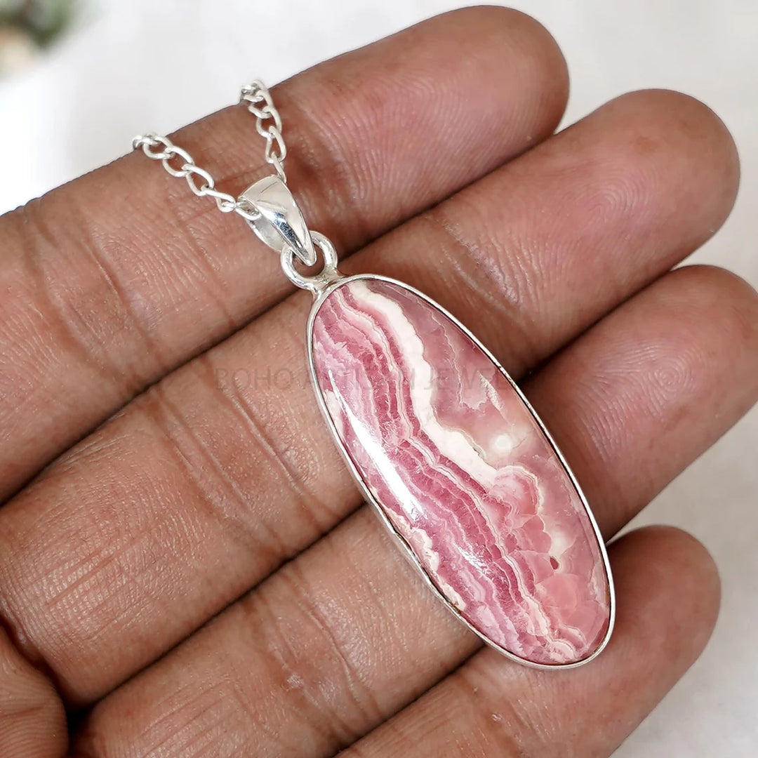 Rhodochrosite Crystal Pendant: 925 Sterling Silver, Boho Jewelry