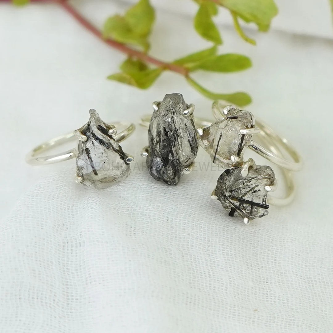 Raw Black Rutile Quartz Ring: Sterling Silver Boho Solitaire
