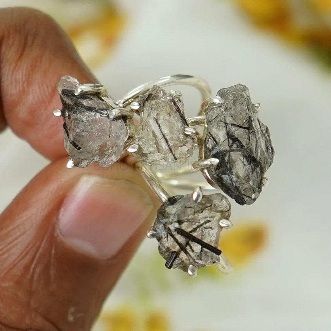 Raw Black Rutile Quartz Ring: Sterling Silver Boho Solitaire