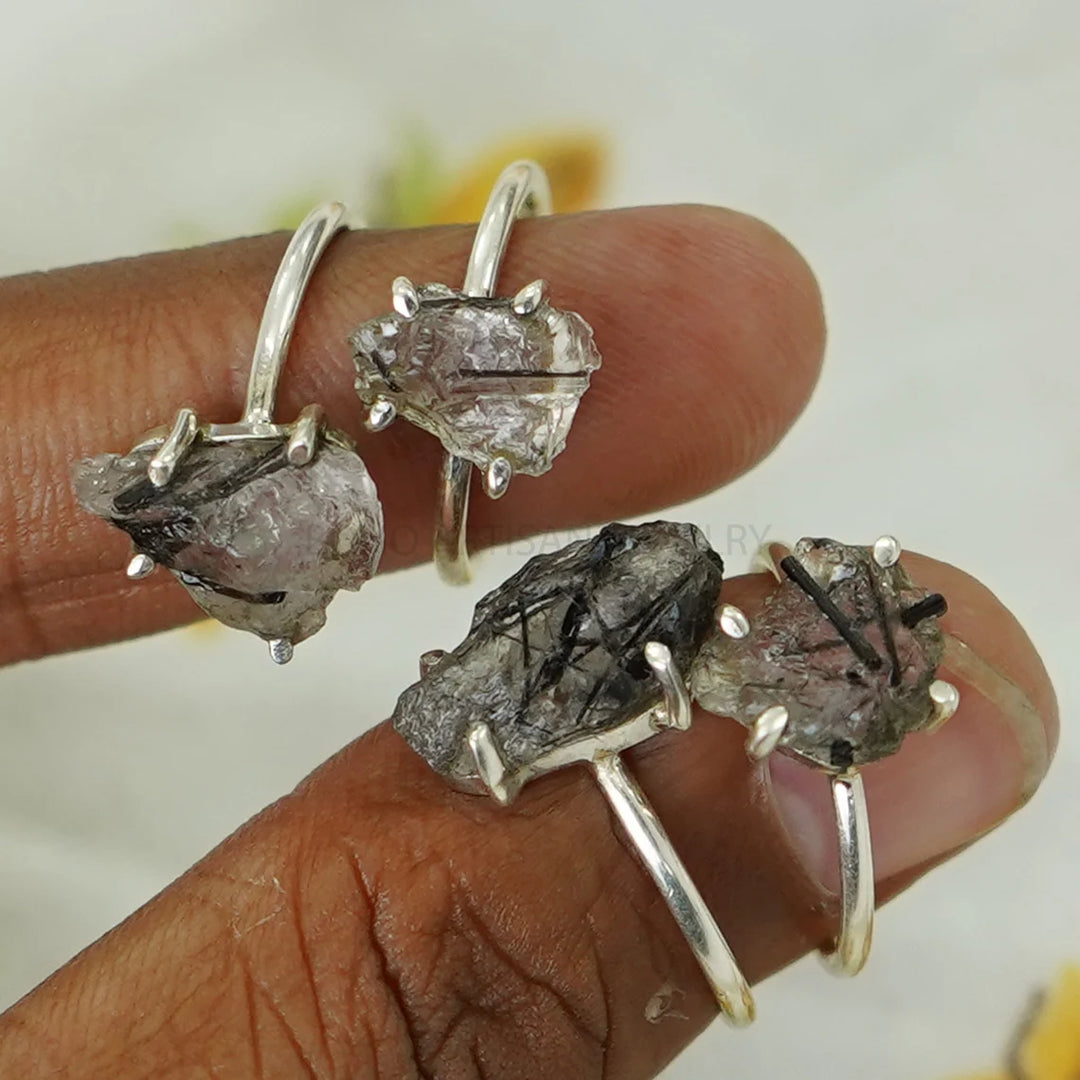 Raw Black Rutile Quartz Ring: Sterling Silver Boho Solitaire