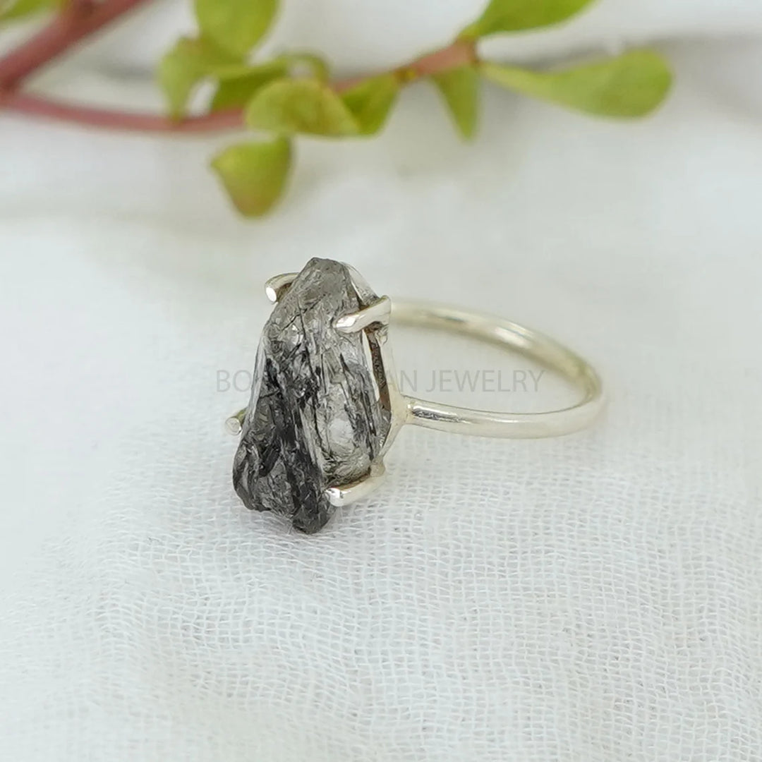 Raw Black Rutile Quartz Ring: Sterling Silver Boho Solitaire