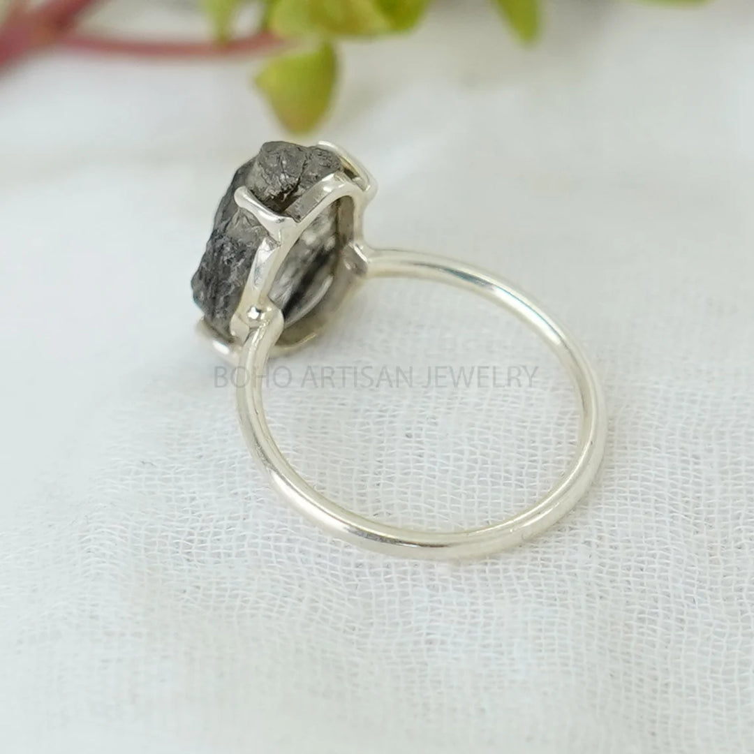 Raw Black Rutile Quartz Ring: Sterling Silver Boho Solitaire