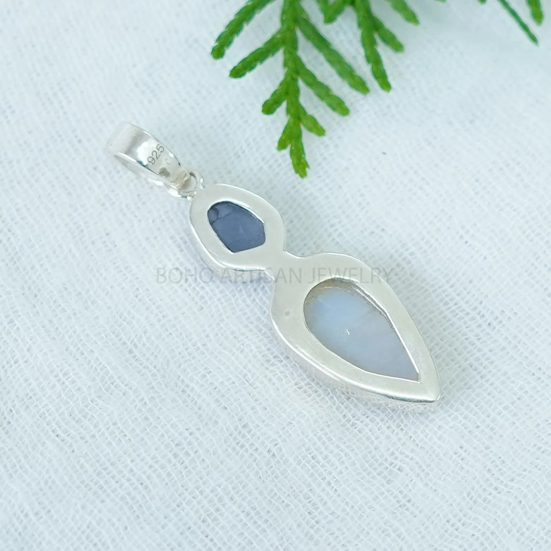 Raw Sapphire Moonstone Pendant: Sterling Silver Two Stone Necklace