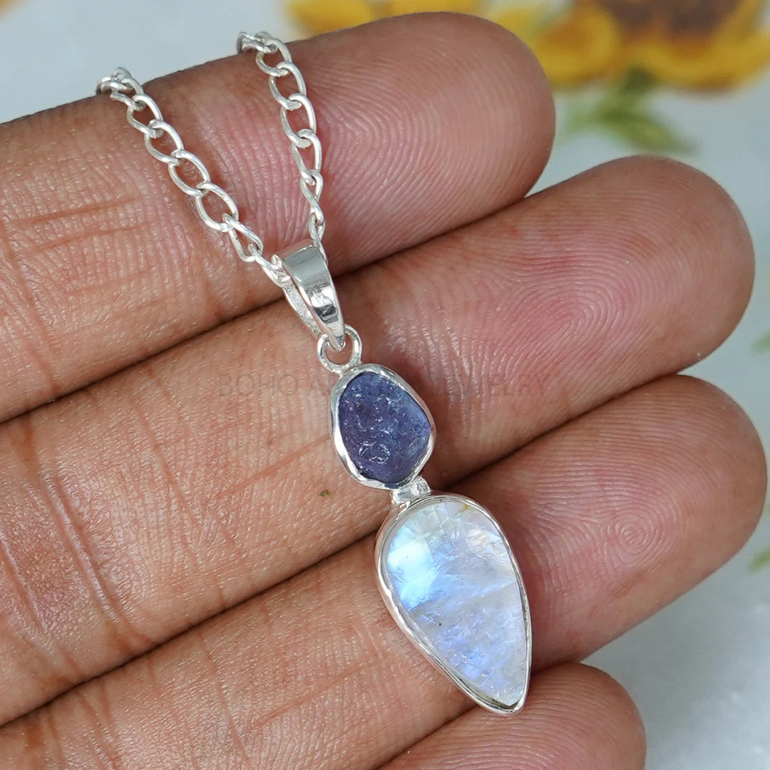 Raw Sapphire Moonstone Pendant: Sterling Silver Two Stone Necklace