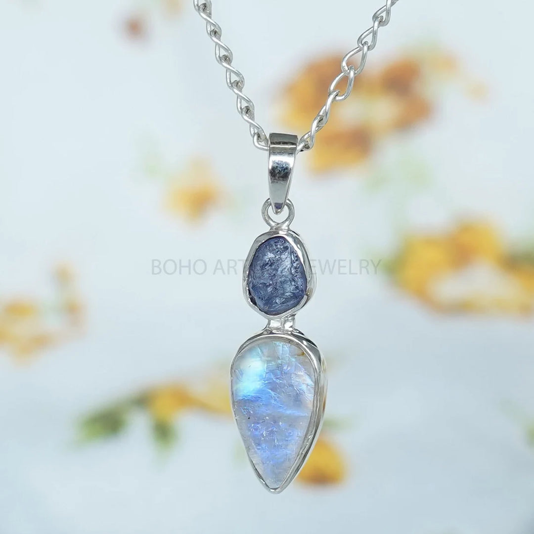 Raw Sapphire Moonstone Pendant: Sterling Silver Two Stone Necklace