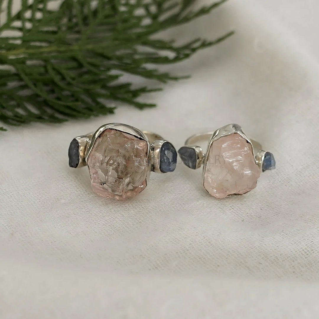 Raw Rose Quartz Sapphire Ring: Handmade Sterling Silver Boho Jewelry