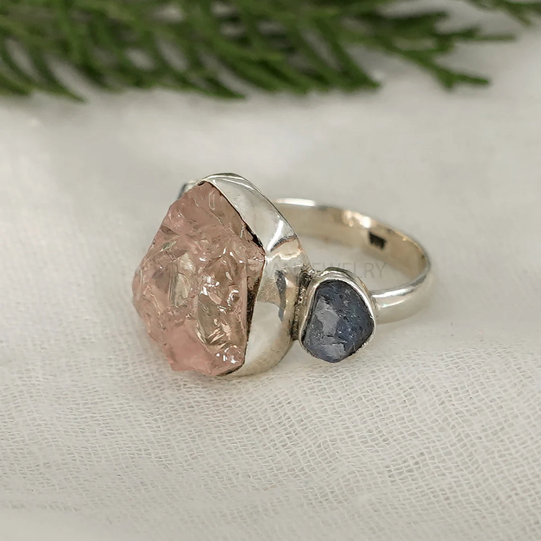 Raw Rose Quartz Sapphire Ring: Handmade Sterling Silver Boho Jewelry