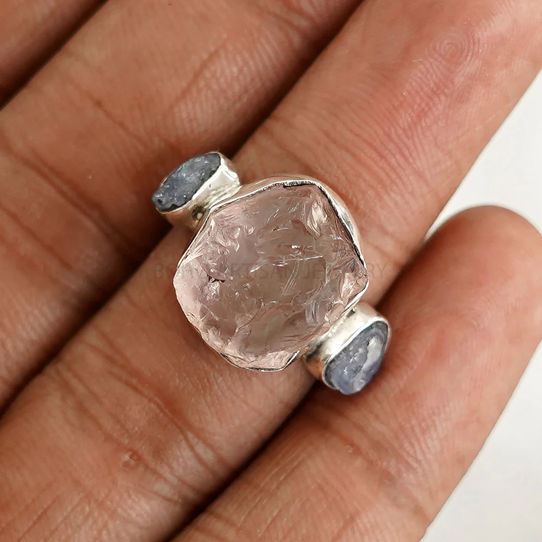 Raw Rose Quartz Sapphire Ring: Handmade Sterling Silver Boho Jewelry
