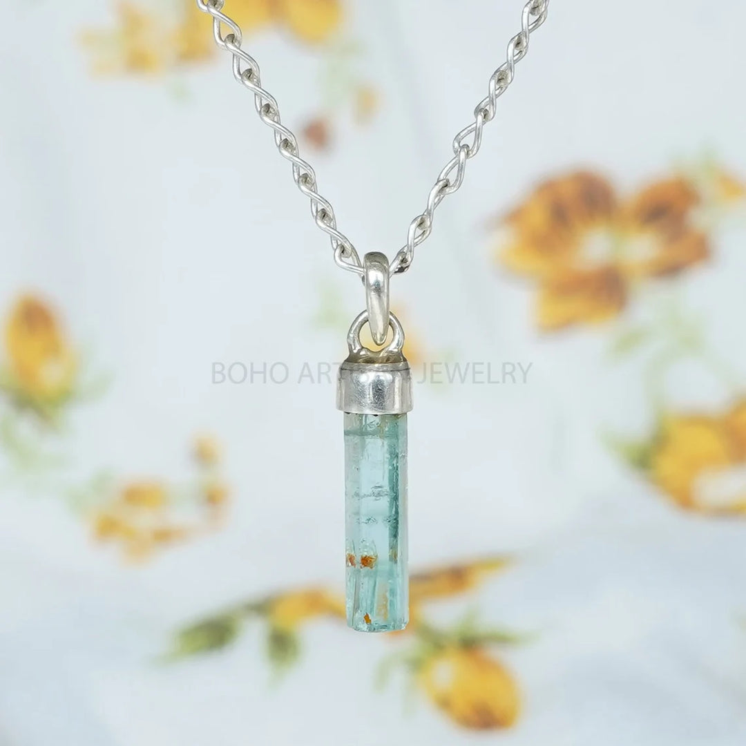 Raw Aquamarine Crystal Pendant: Sterling Silver Boho Jewelry