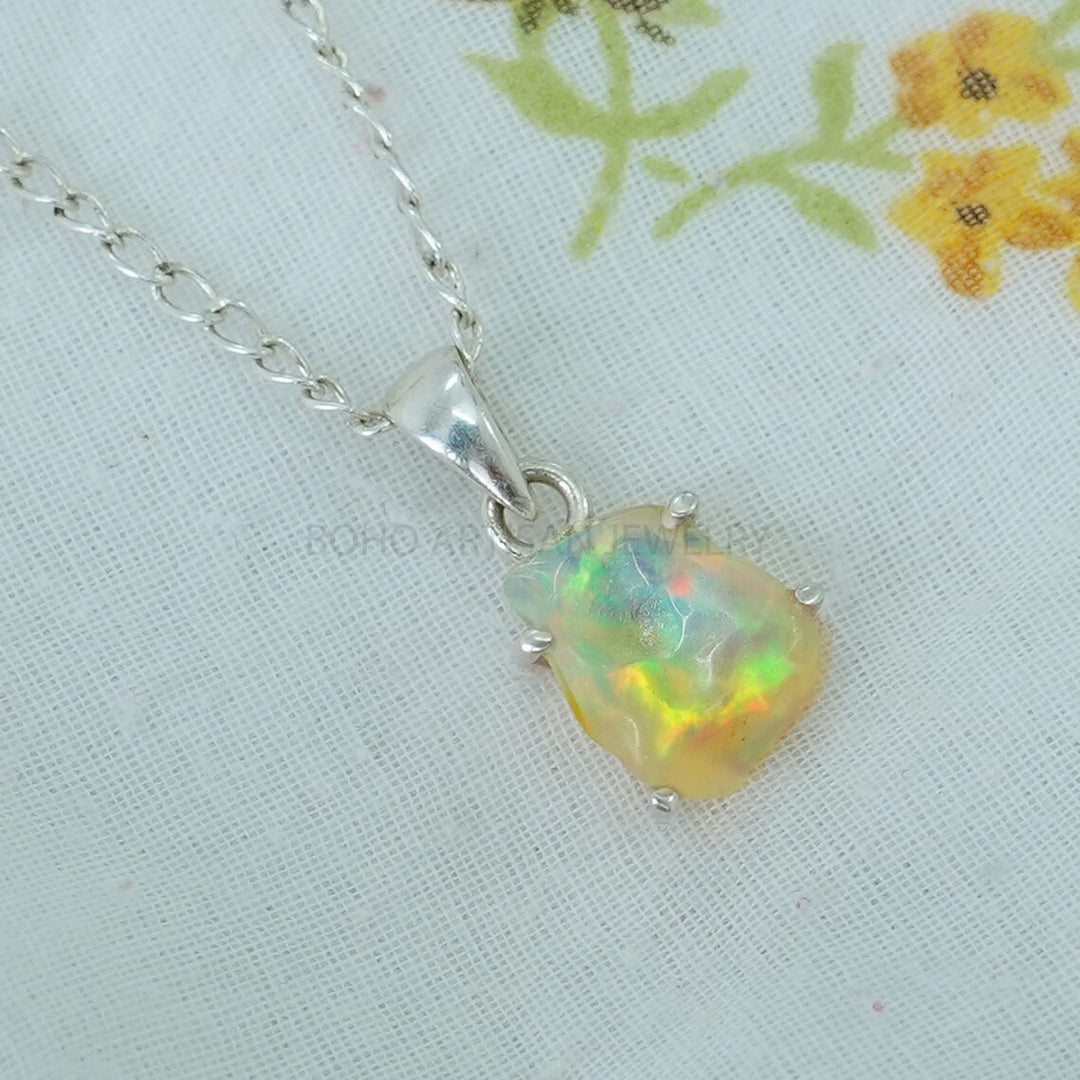 Raw Ethiopian Opal Pendant: Sterling Silver Boho Jewelry