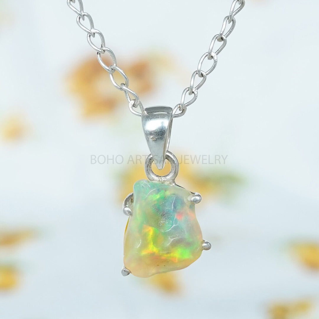 Raw Ethiopian Opal Pendant: Sterling Silver Boho Jewelry