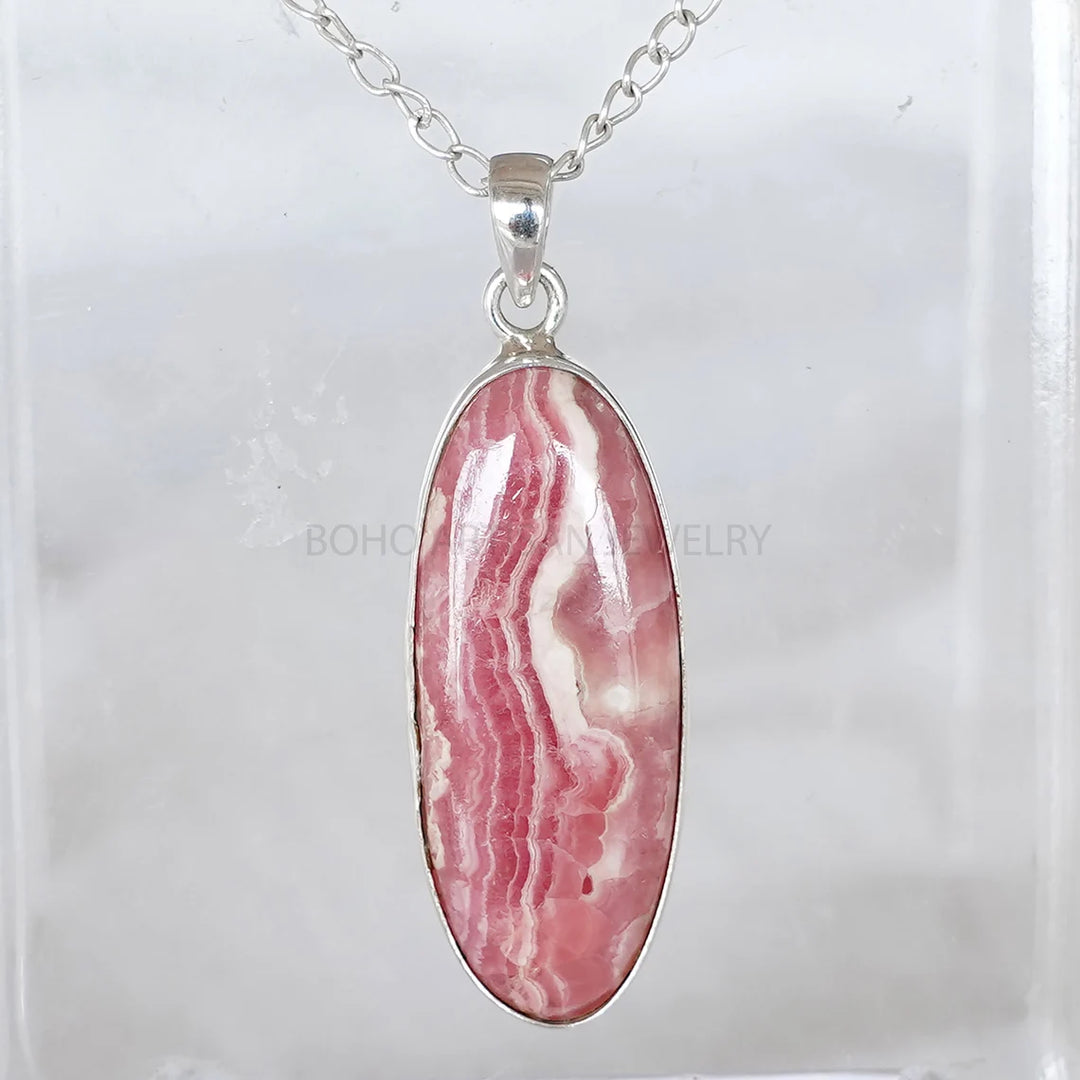 Rhodochrosite Crystal Pendant: 925 Sterling Silver, Boho Jewelry