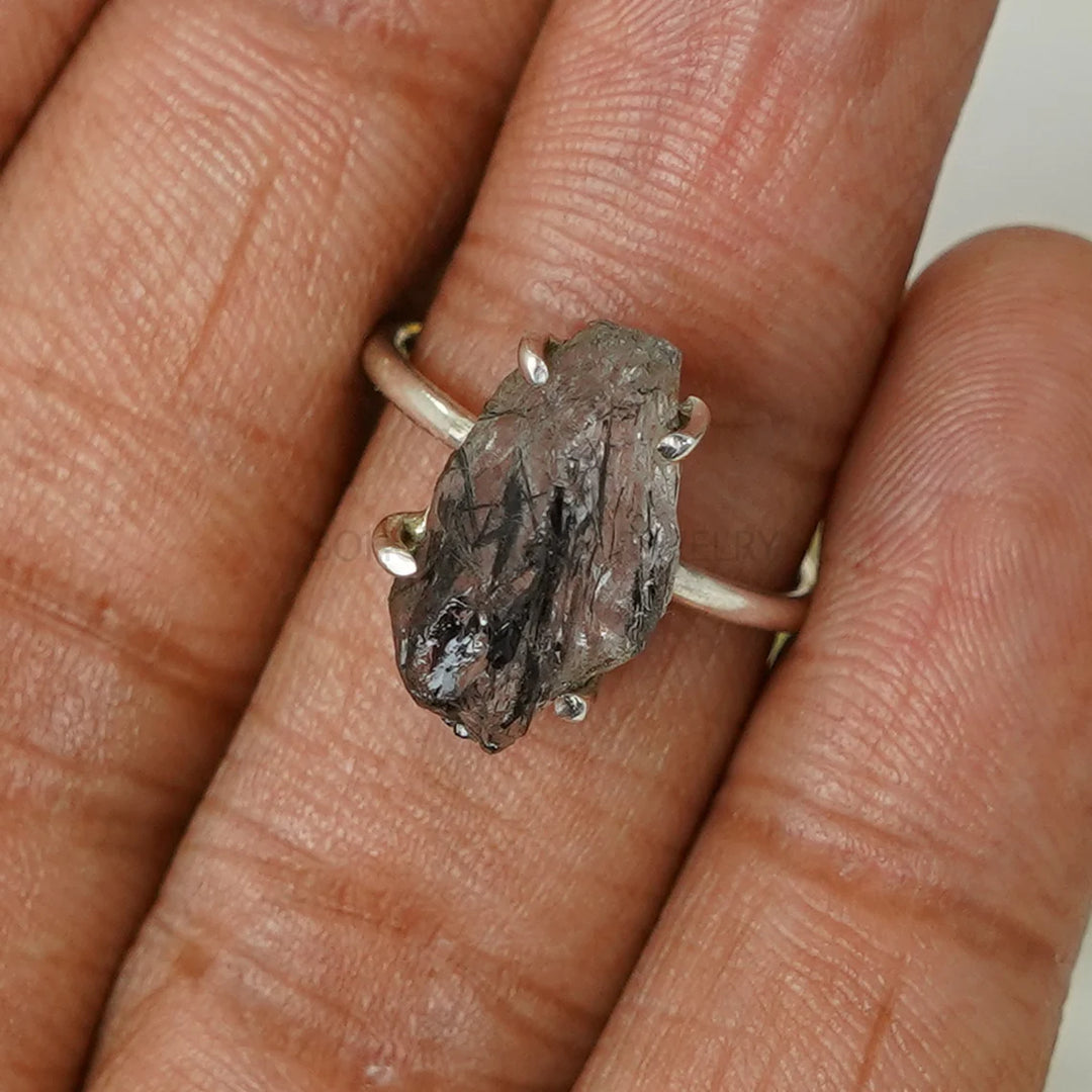 Raw Black Rutile Quartz Ring: Sterling Silver Boho Solitaire