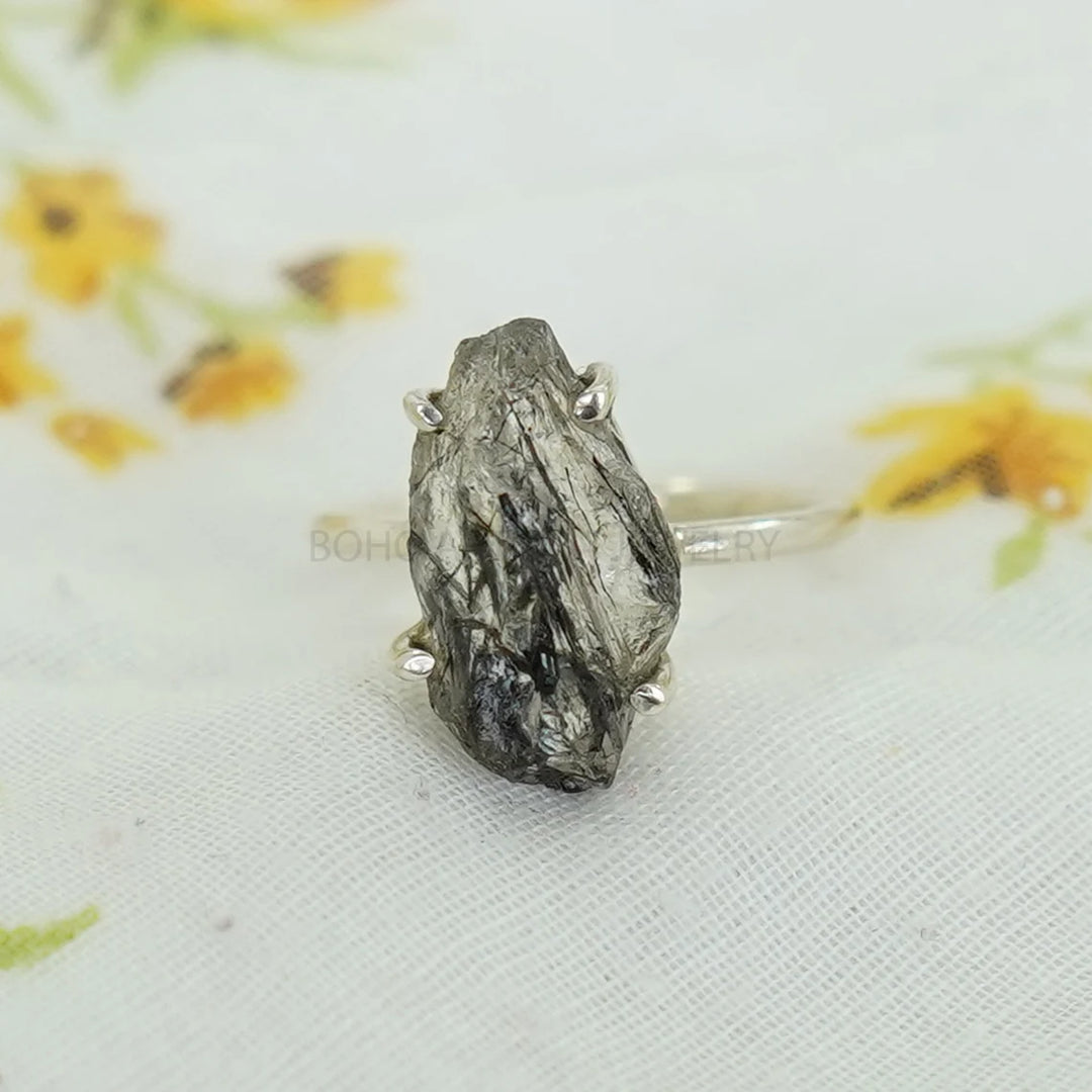 Raw Black Rutile Quartz Ring: Sterling Silver Boho Solitaire