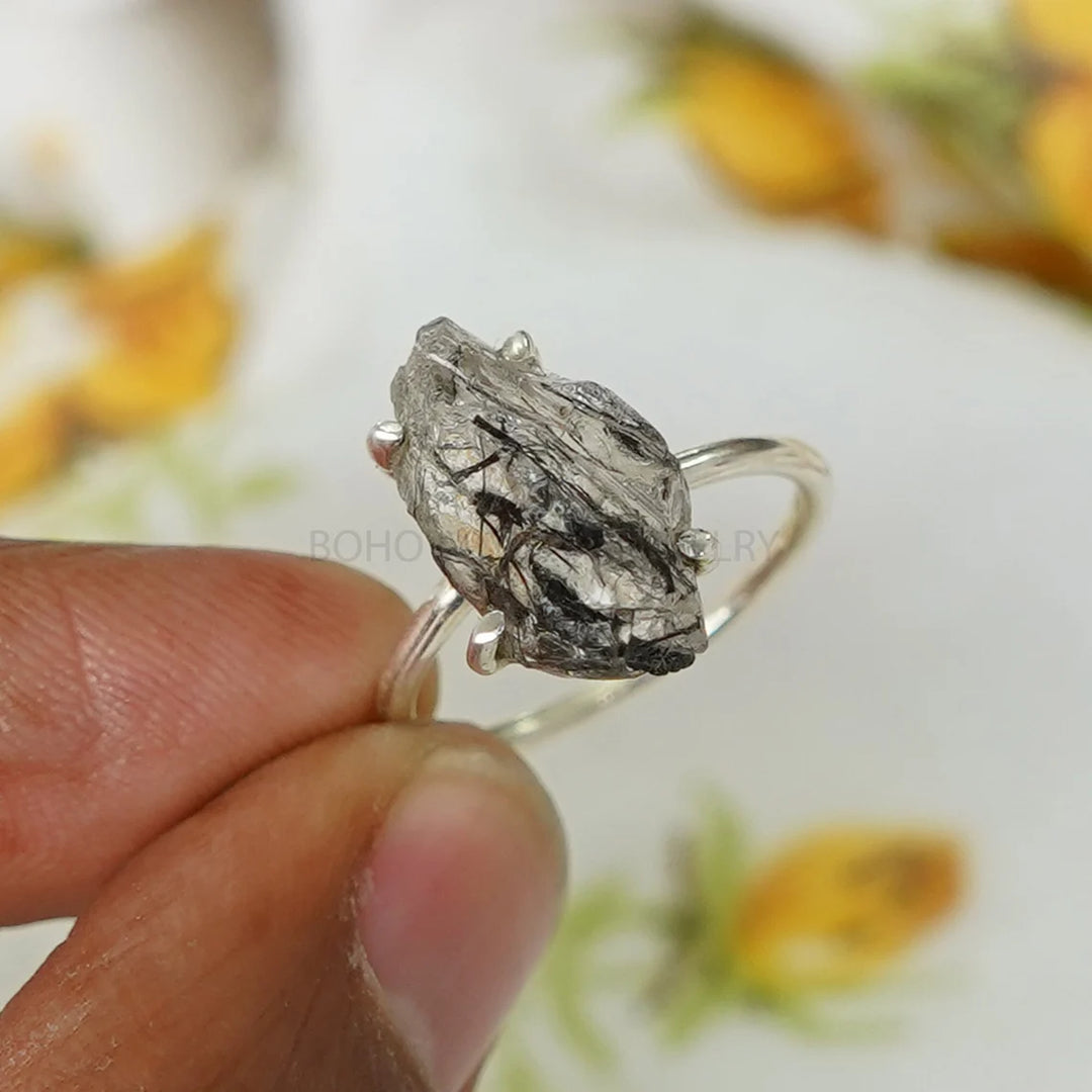 Raw Black Rutile Quartz Ring: Sterling Silver Boho Solitaire