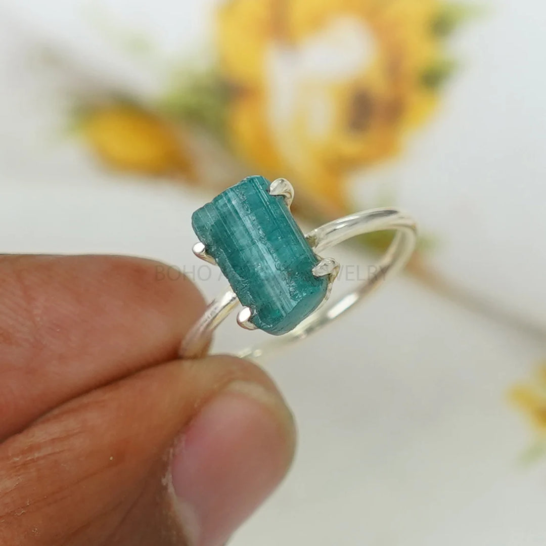 Raw Blue Tourmaline Ring: Sterling Silver Boho Jewelry