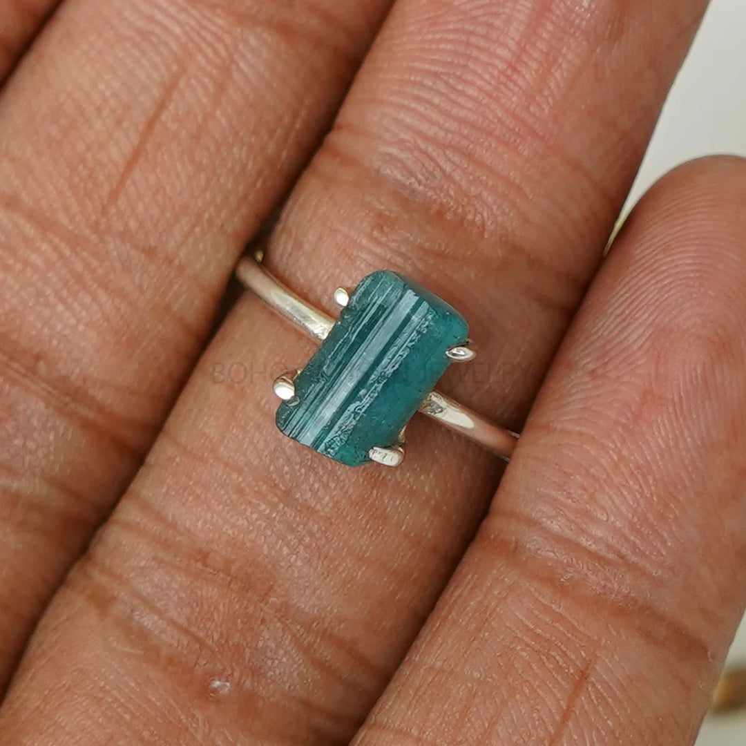 Raw Blue Tourmaline Ring: Sterling Silver Boho Jewelry