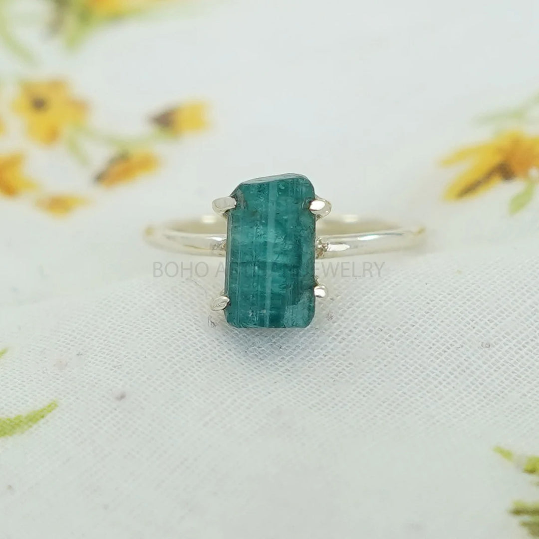 Raw Blue Tourmaline Ring: Sterling Silver Boho Jewelry