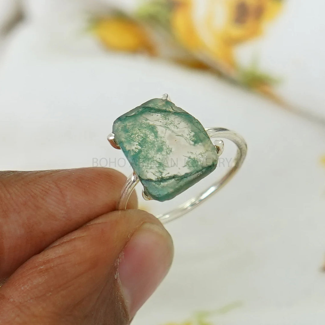 Moss Agate Ring: 925 Sterling Silver, Handmade Boho Jewelry