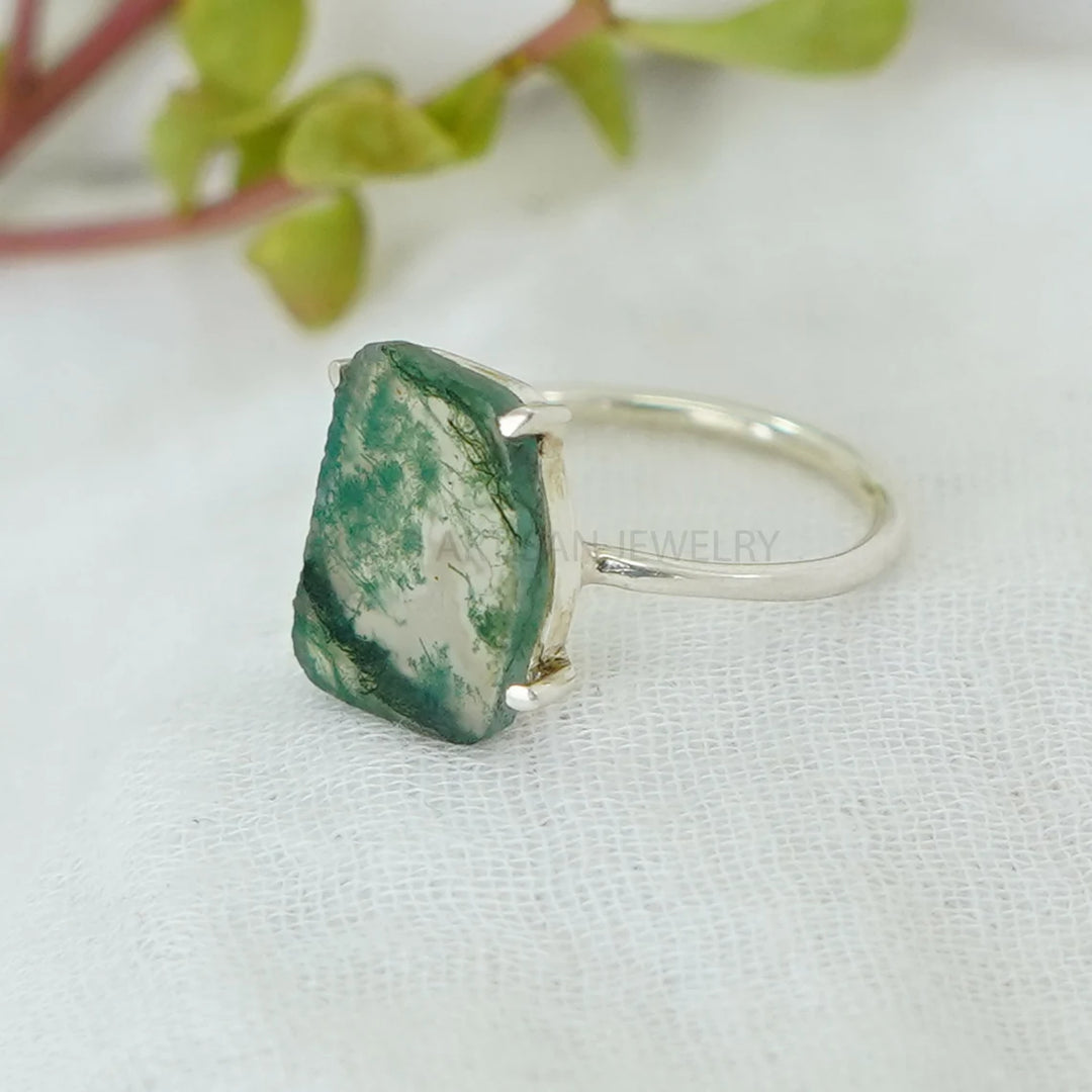 Moss Agate Ring: 925 Sterling Silver, Handmade Boho Jewelry