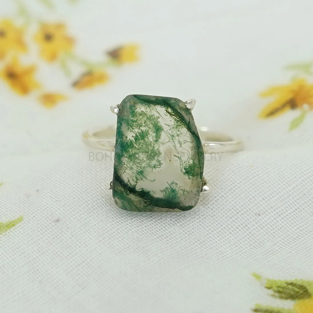 Moss Agate Ring: 925 Sterling Silver, Handmade Boho Jewelry