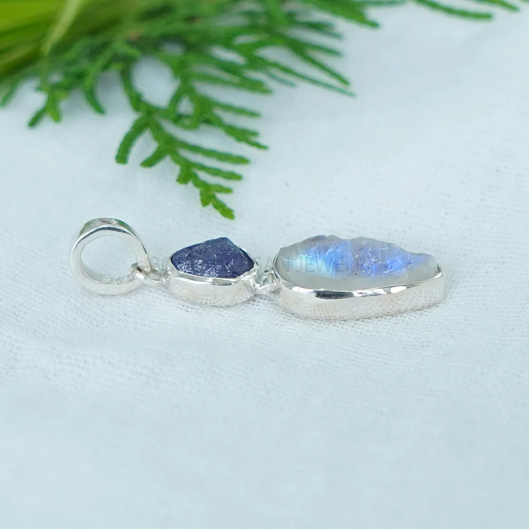 Raw Sapphire Moonstone Pendant: Sterling Silver Two Stone Necklace