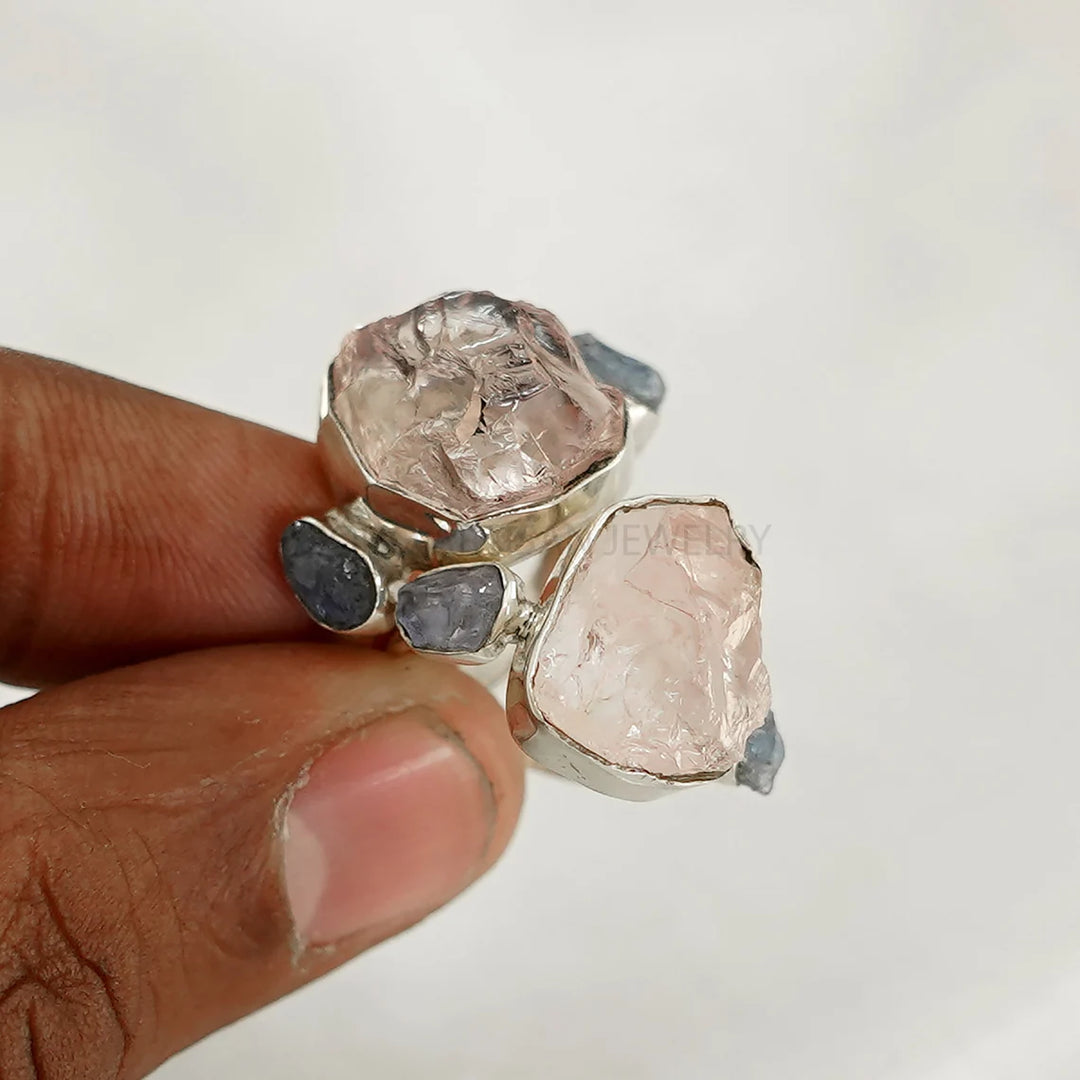 Raw Rose Quartz Sapphire Ring: Handmade Sterling Silver Boho Jewelry
