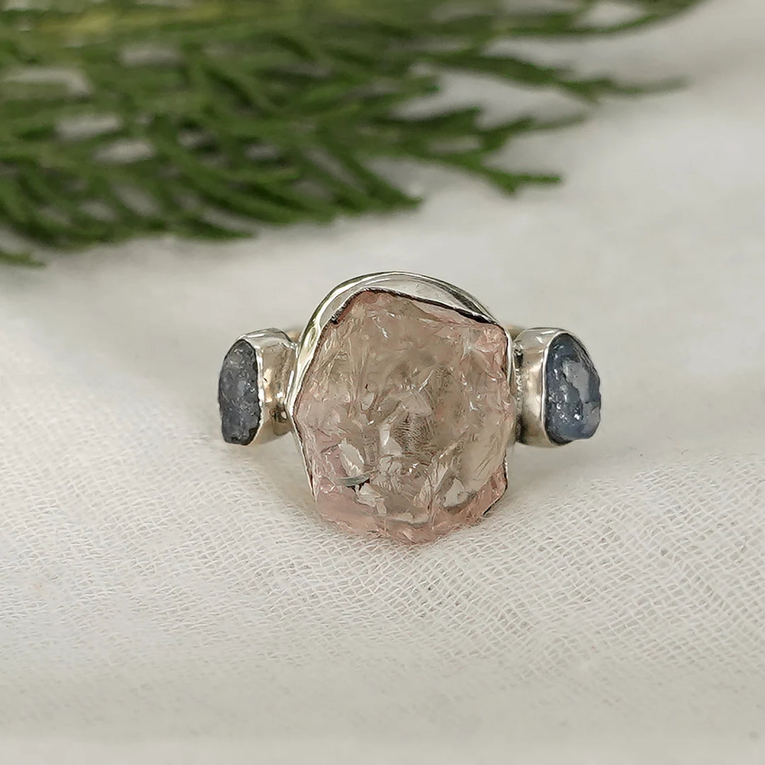 Raw Rose Quartz Sapphire Ring: Handmade Sterling Silver Boho Jewelry