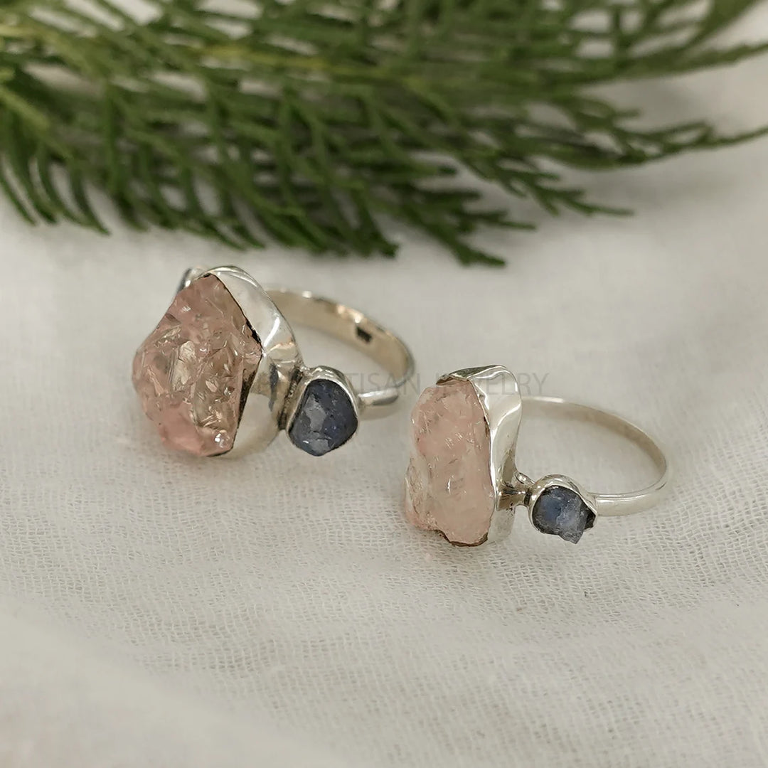 Raw Rose Quartz Sapphire Ring: Handmade Sterling Silver Boho Jewelry