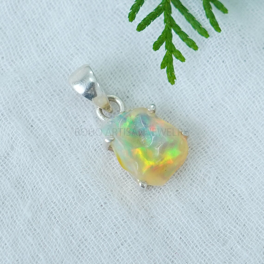 Raw Ethiopian Opal Pendant: Sterling Silver Boho Jewelry