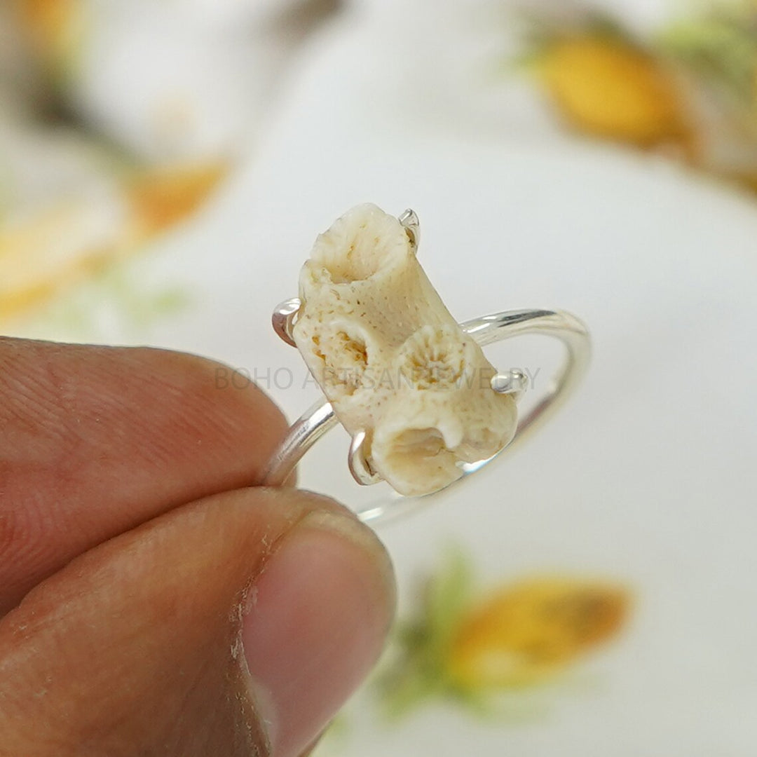 Raw White Coral Ring: Sterling Silver Boho Jewelry