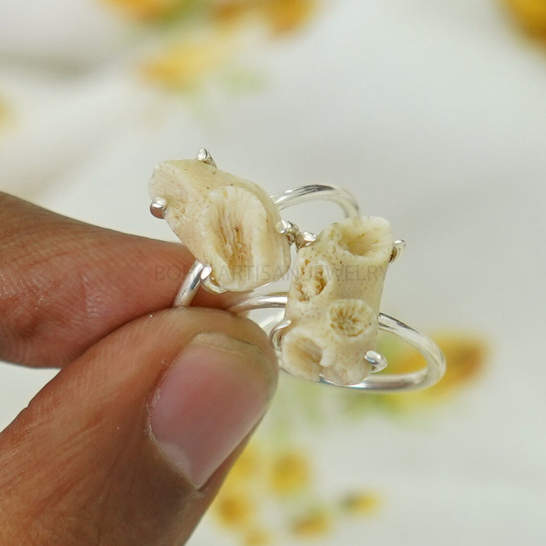 Raw White Coral Ring: Sterling Silver Boho Jewelry