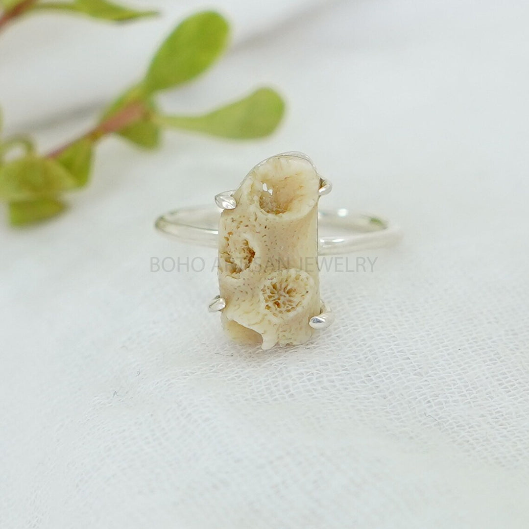Raw White Coral Ring: Sterling Silver Boho Jewelry