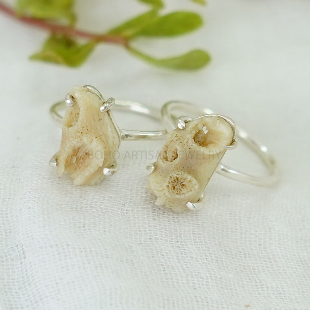 Raw White Coral Ring: Sterling Silver Boho Jewelry