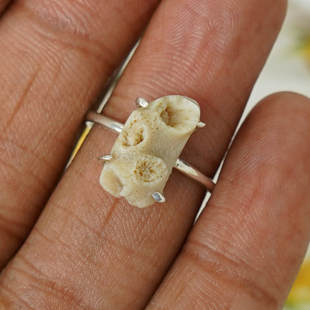 Raw White Coral Ring: Sterling Silver Boho Jewelry