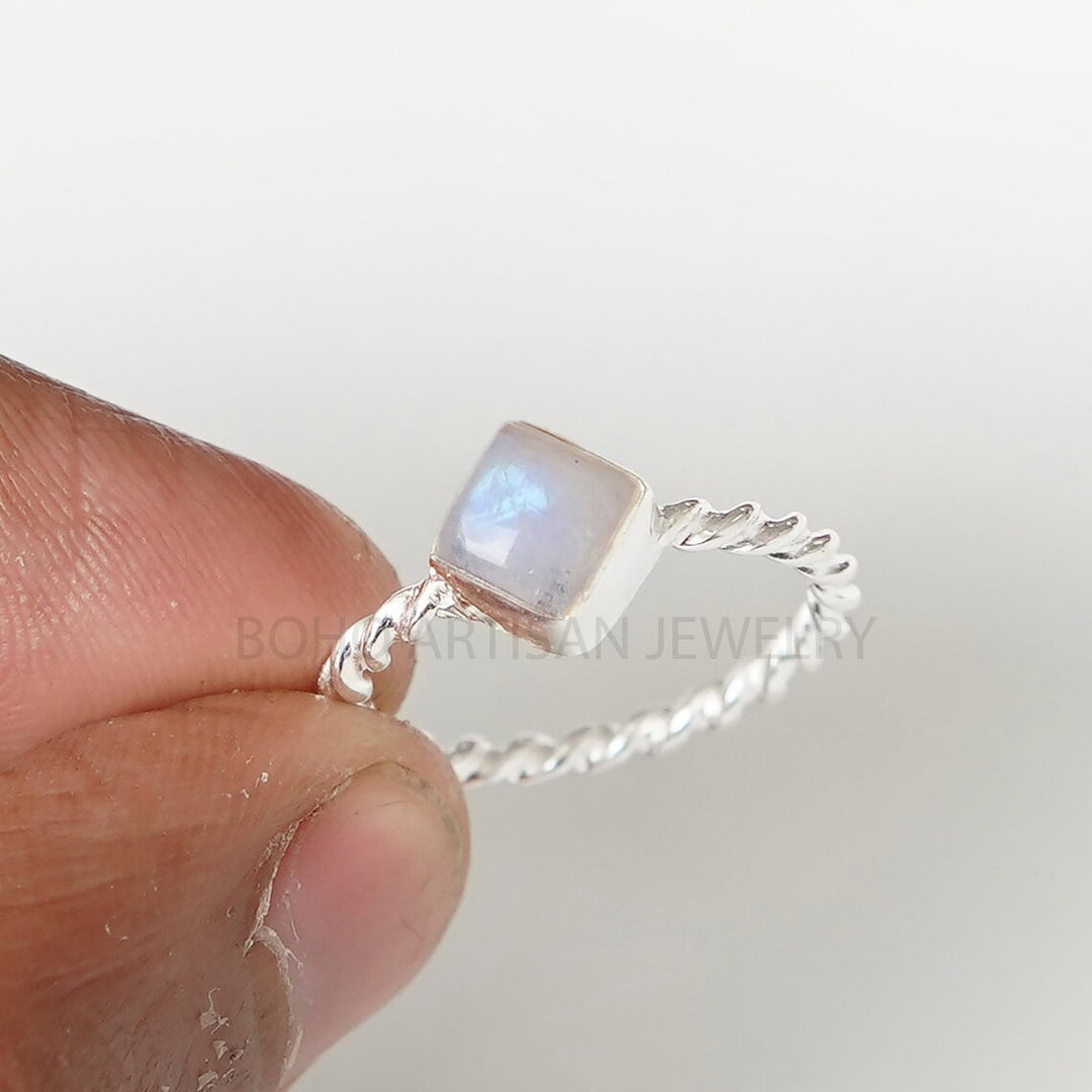 Dainty Square Moonstone Ring: Twisted Sterling Silver Band, Handmade Boho Jewelry