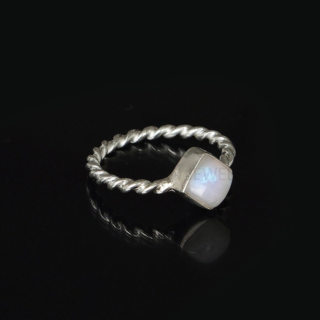 Dainty Square Moonstone Ring: Twisted Sterling Silver Band, Handmade Boho Jewelry