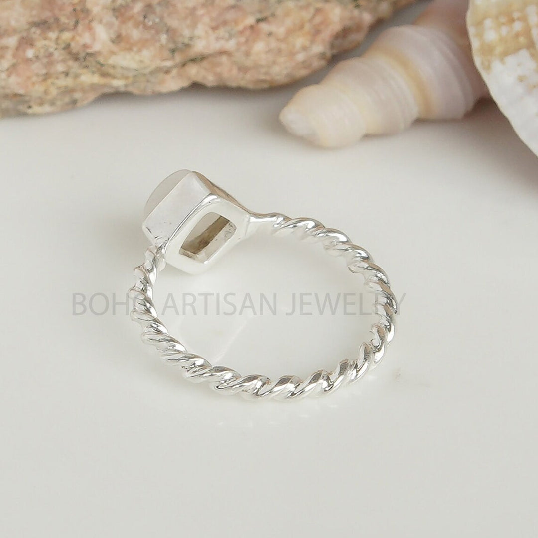 Dainty Square Moonstone Ring: Twisted Sterling Silver Band, Handmade Boho Jewelry