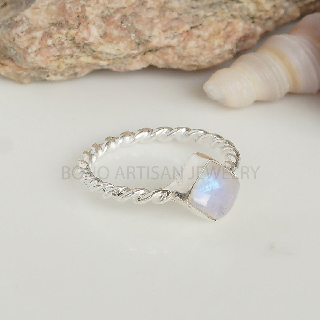 Dainty Square Moonstone Ring: Twisted Sterling Silver Band, Handmade Boho Jewelry