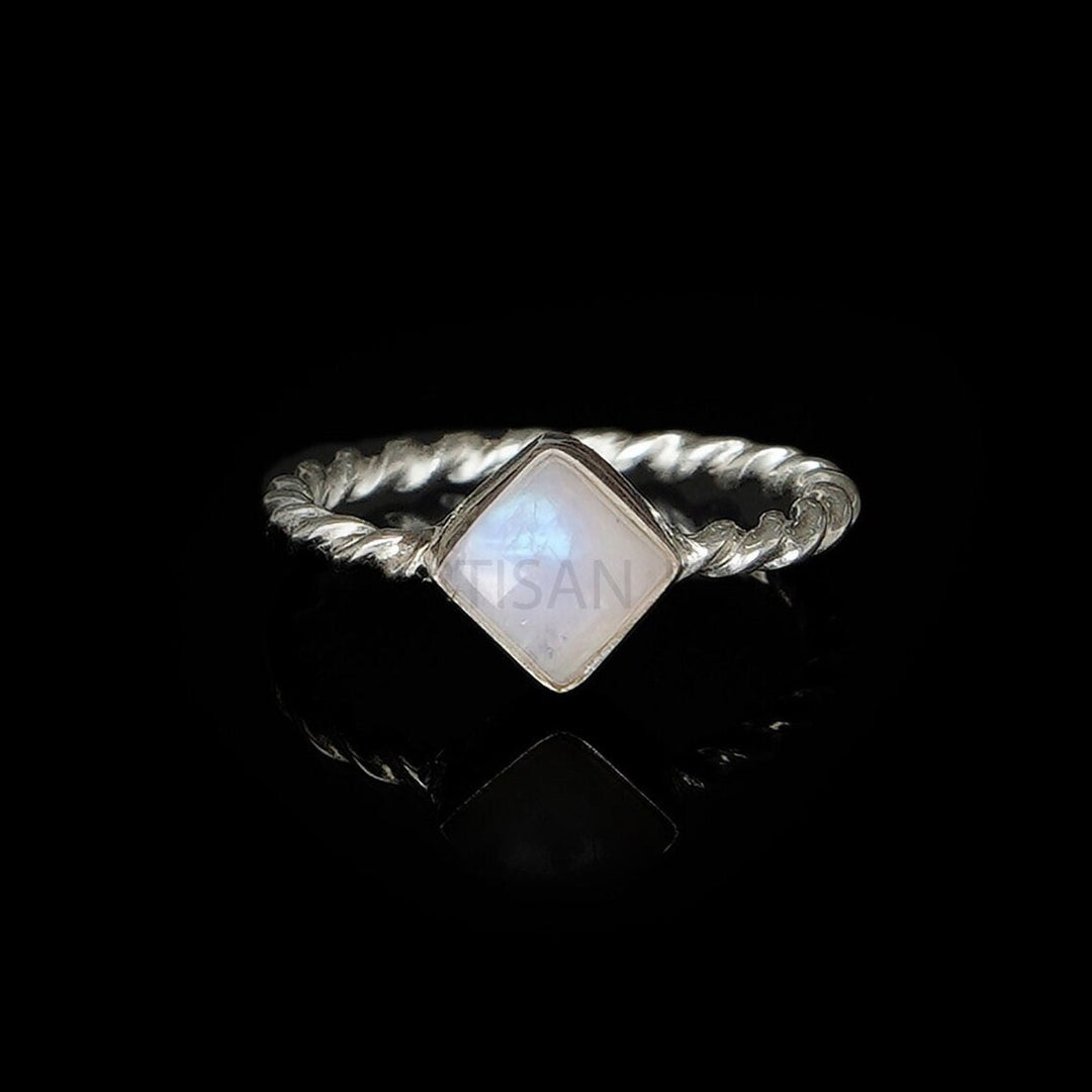 Dainty Square Moonstone Ring: Twisted Sterling Silver Band, Handmade Boho Jewelry