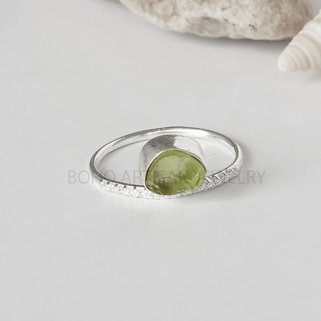 Raw Moonstone Sterling Silver Ring: Dainty CZ Band, July Birthstone