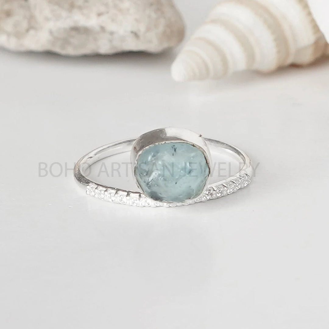 Raw Moonstone Sterling Silver Ring: Dainty CZ Band, July Birthstone