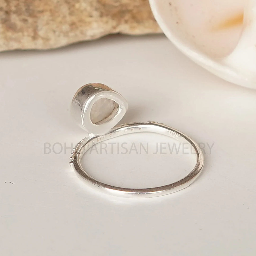Raw Moonstone Sterling Silver Ring: Dainty CZ Band, July Birthstone